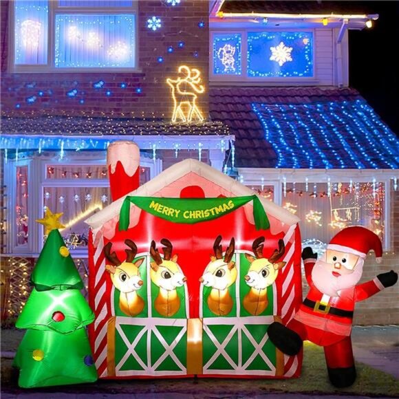 9 Ft Long Large Christmas Inflatable Santa Claus in Reindeer Stable
